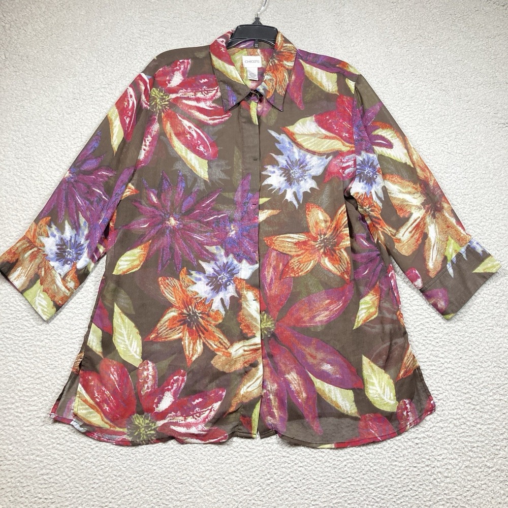Chicos Top Women's 3 (XL) Sheer Dark Multicolor Floral Button Up 3/4 Sleeve